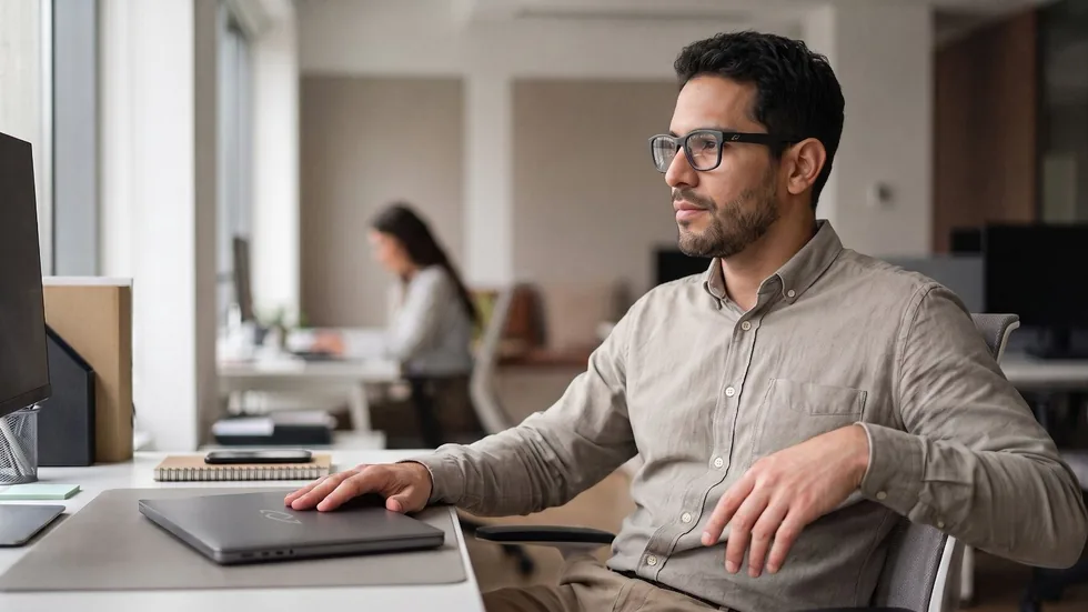 A man wearing AURVIZ o1 smartglasses sits back from his closed laptop, hands away from the keyboard, and asks AIRA to handle the follow-up.