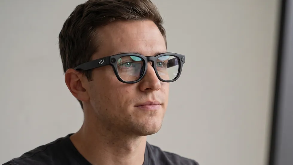A man wearing AURVIZ o1 smartglasses looks at a presentation screen, the slide reflected in his lenses.