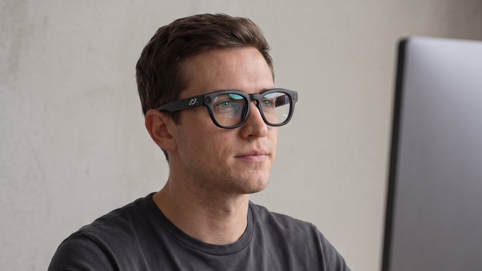 A man wearing AURVIZ o1 smartglasses sits at his desk and looks at his monitor, the screen reflected in his lenses.
