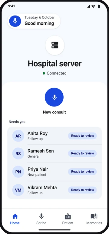 The AURVIZ app's Home screen: the hospital server connected, the New consult button, and four patients ready to review