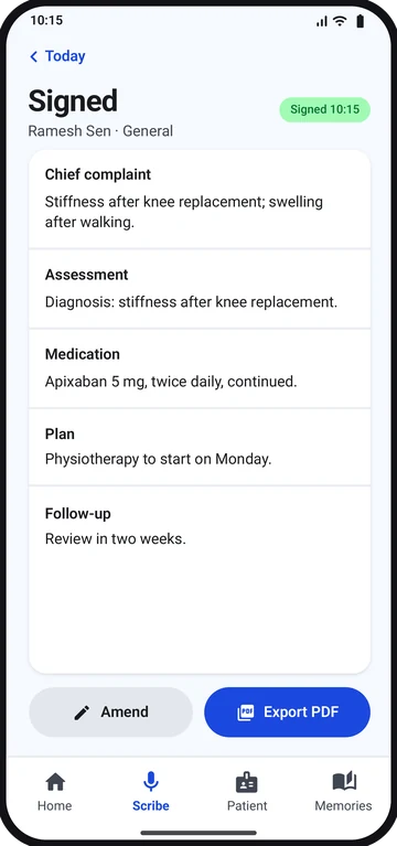 A signed clinical note in the app: chief complaint, assessment, medication, plan and follow-up