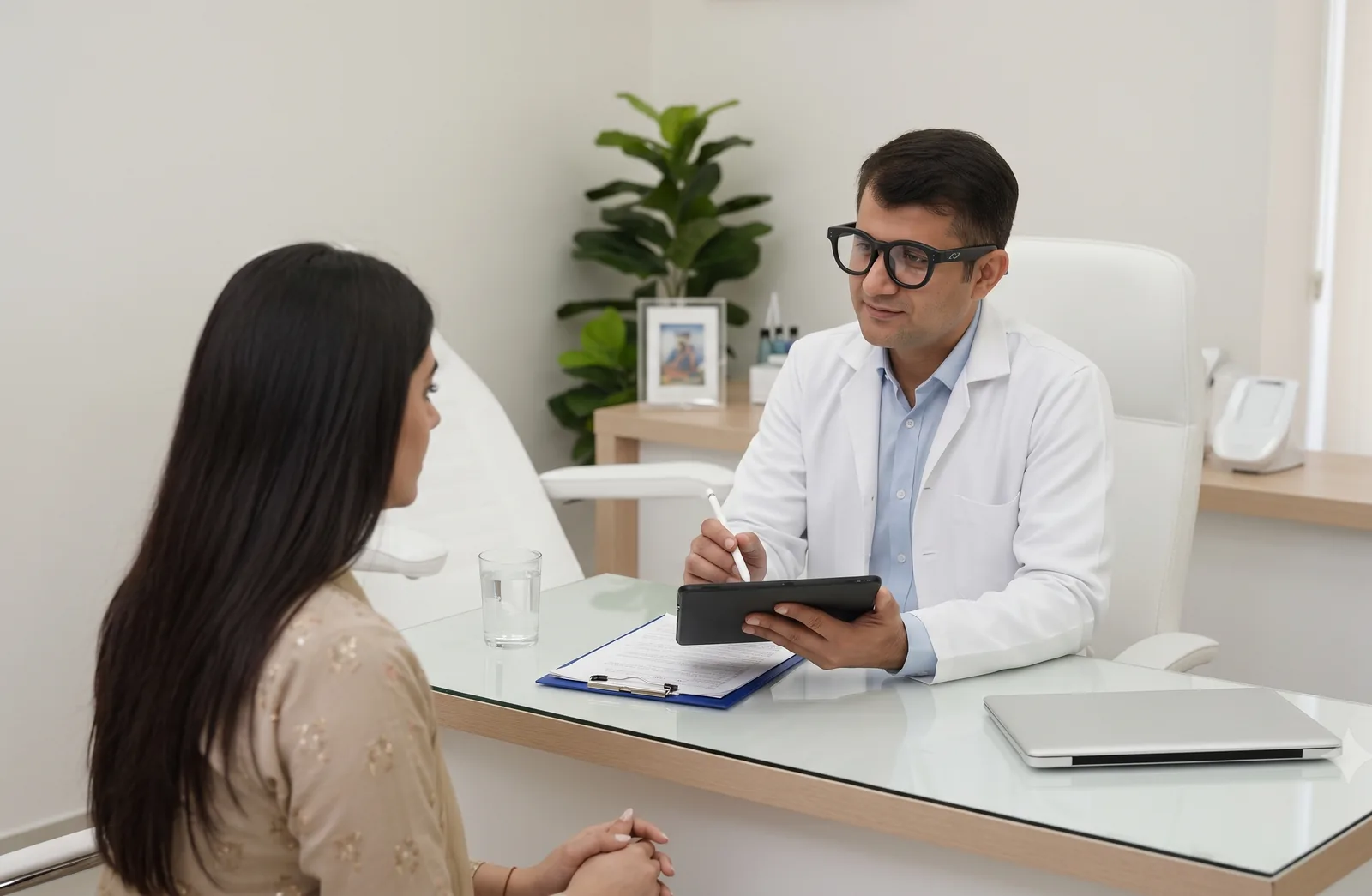 A doctor wearing AURVIZ O1 glasses listens to a patient across his desk, a tablet in his hand