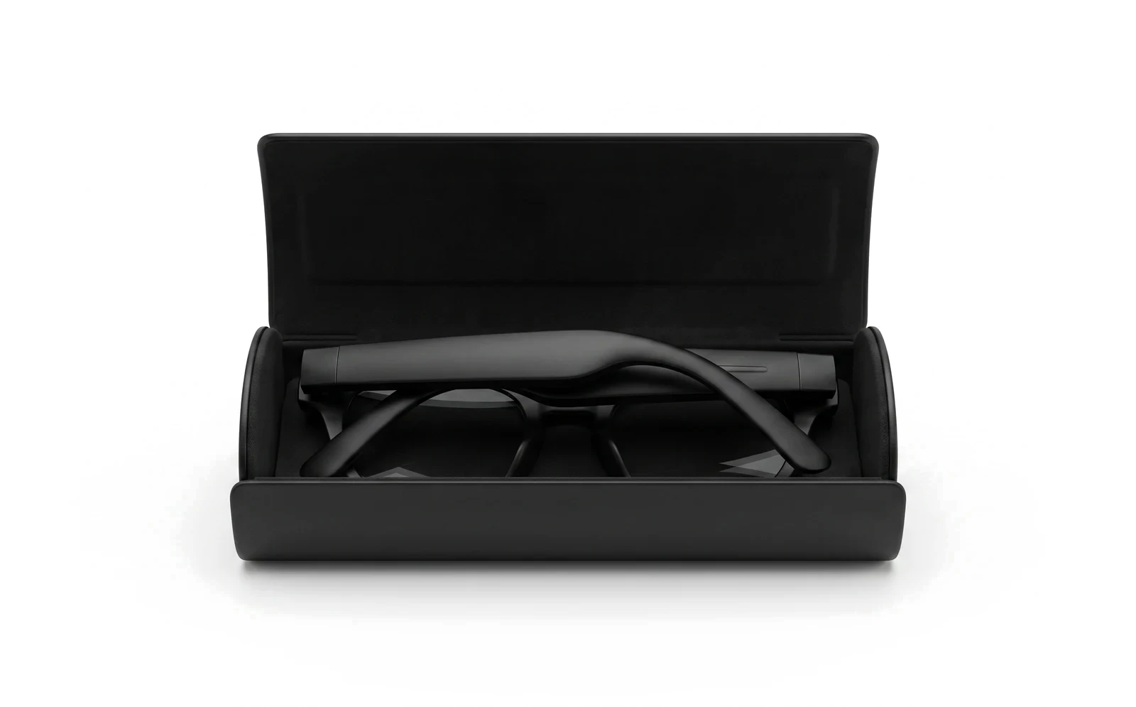 The AURVIZ o1 smartglasses folded inside their open charging case