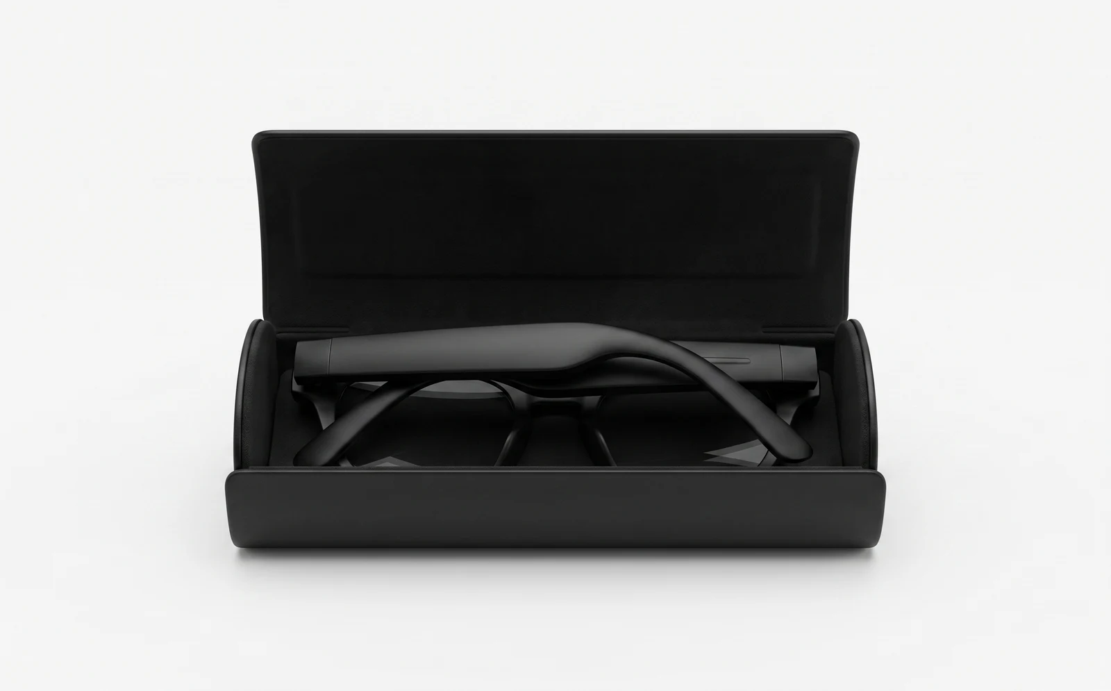 The AURVIZ o1 smartglasses folded inside their open charging case
