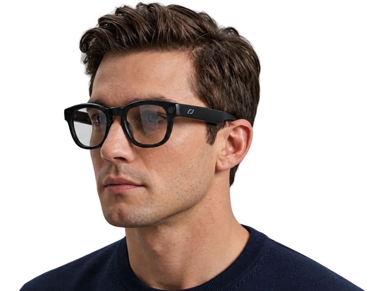 A man wearing AURVIZ o1 smartglasses, seen from three quarters, the AURVIZ mark on the temple.