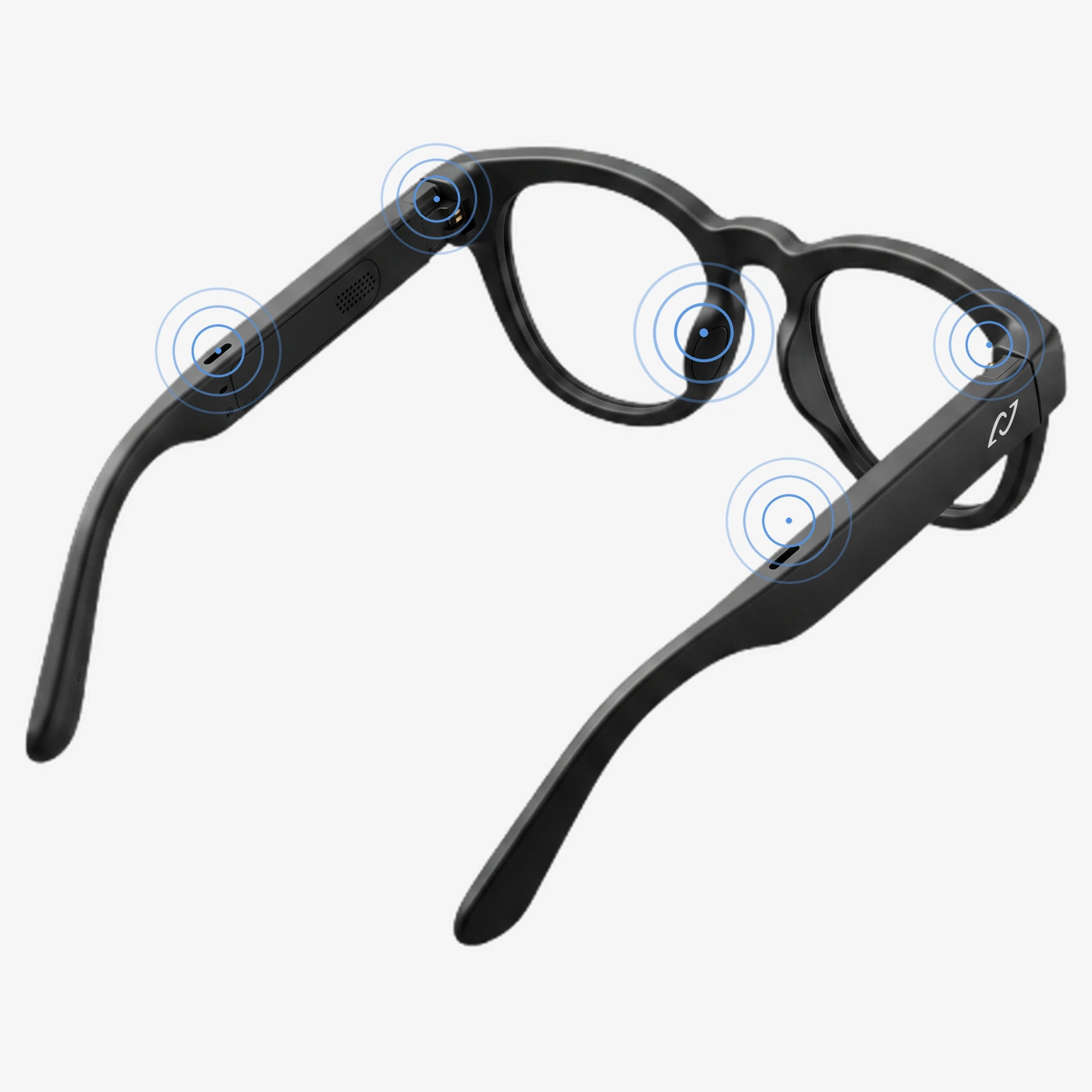 The AURVIZ frame seen from behind, with five markers over the microphone positions: one on each temple, one by each hinge, and one on the nose pad