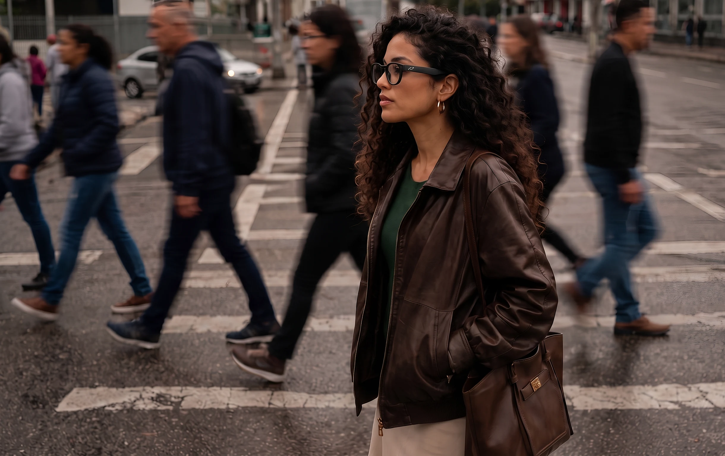 A woman standing still on a city crossing wearing the AURVIZ o1 smartglasses, her ears uncovered, while a crowd streams past her in motion blur