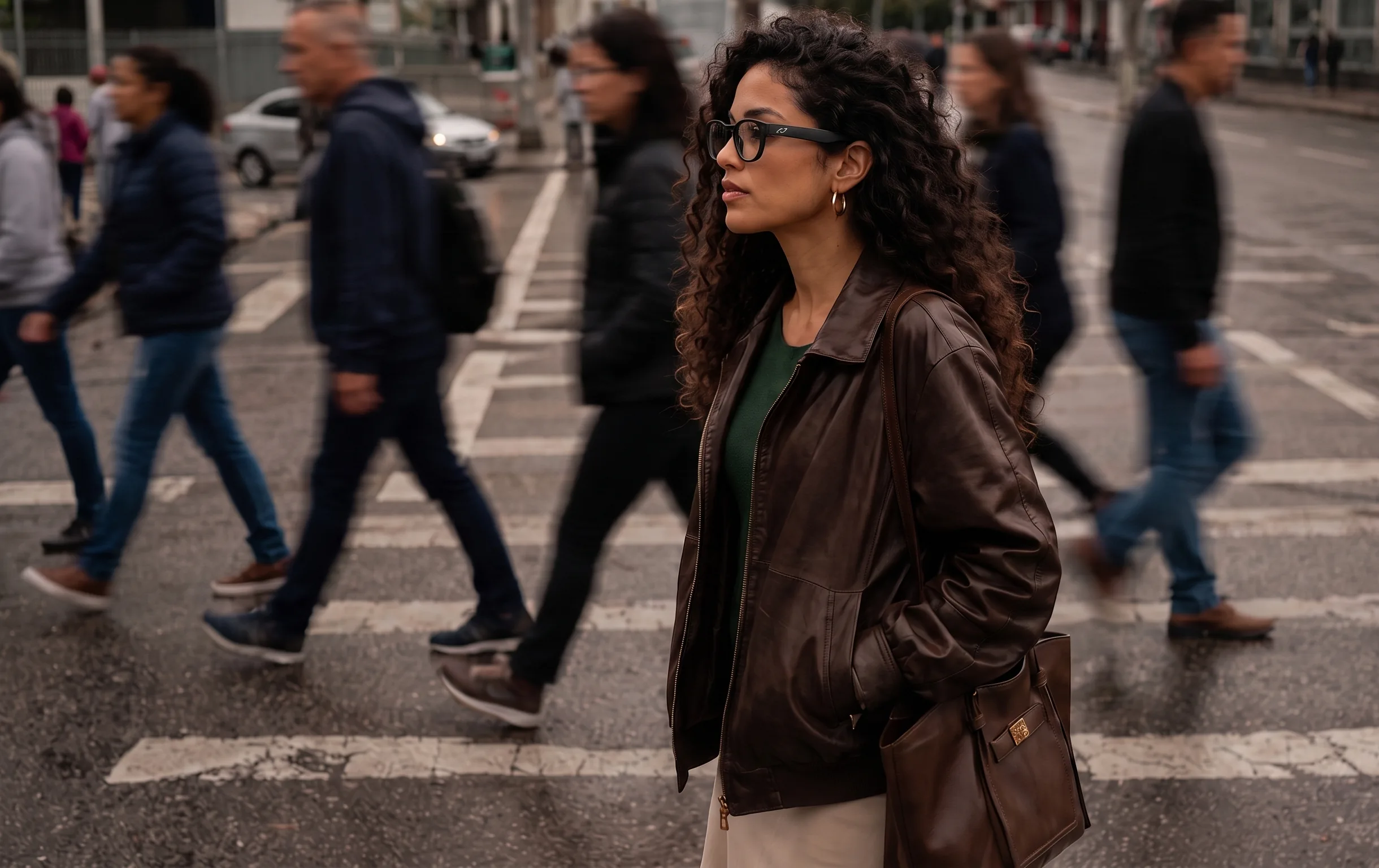 A woman standing still on a city crossing wearing the AURVIZ o1 smartglasses, her ears uncovered, while a crowd streams past her in motion blur