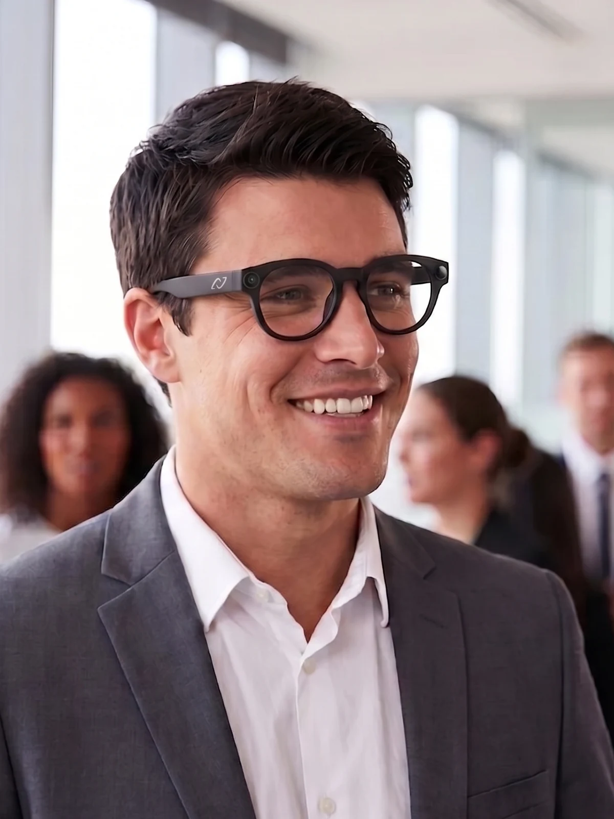 A man at a busy event, mid-conversation, wearing the AURVIZ o1 smartglasses with the logo visible on the temple