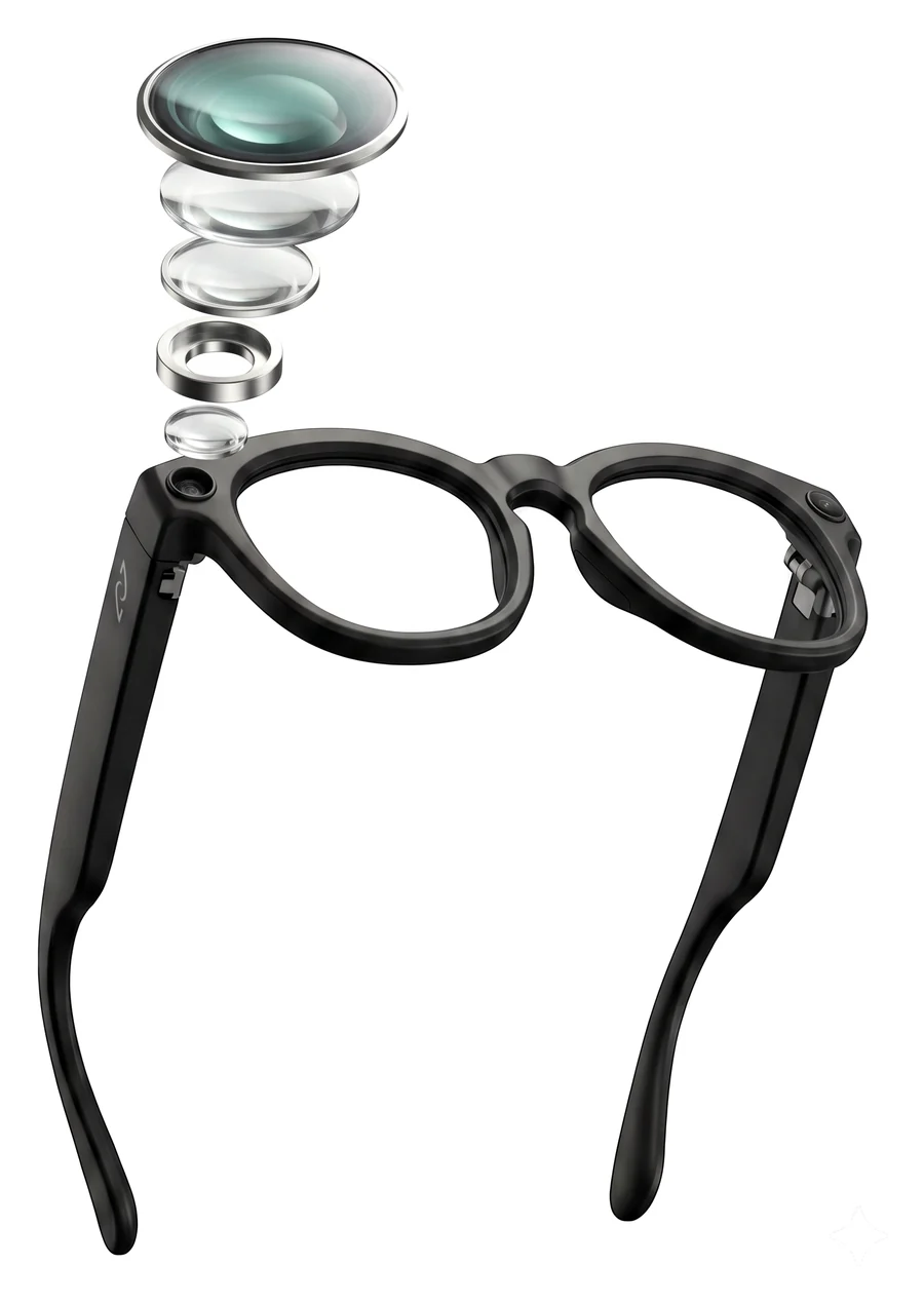 The AURVIZ o1 frame with the camera's lens elements lifted out of its front corner in a stack