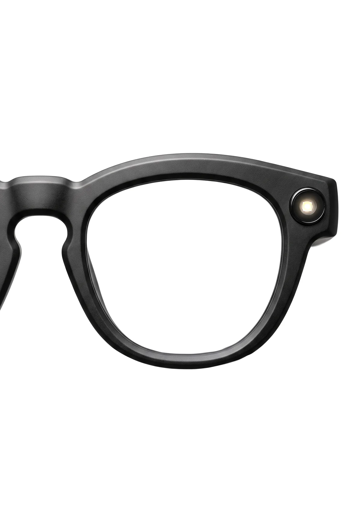 The front corner of the AURVIZ o1 frame close up, its privacy indicator light lit