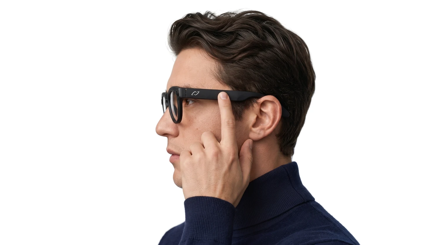 A man wearing AURVIZ o1 tapping the touch strip on the side of the frame with one finger
