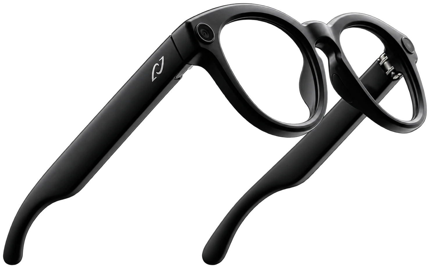 The AURVIZ o1 frame at an angle, matt black, with the camera set into the temple beside the hinge and the AURVIZ monogram further along the arm