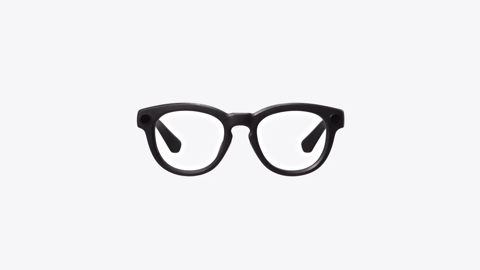 The AURVIZ o1 AI smart glasses from the front: a matt black frame with clear lenses and a small round lens at each front corner