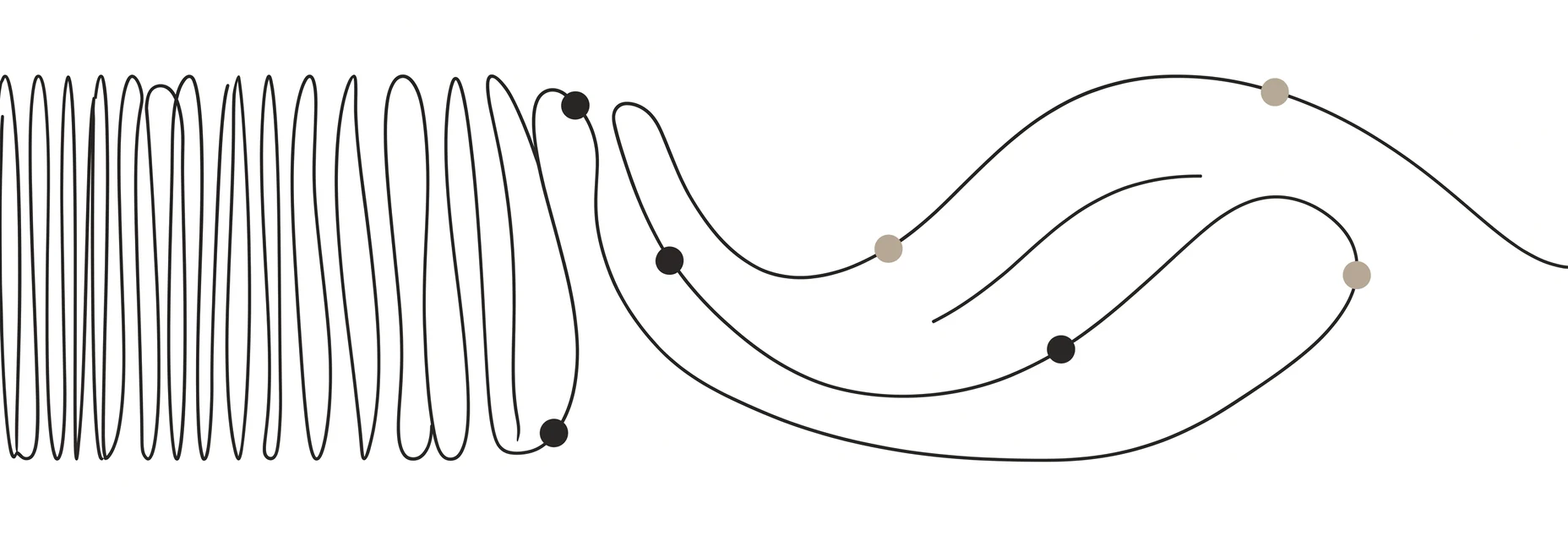 An abstract line drawing. A single fine line is tightly coiled at
              the left of the frame and unwinds rightward into long open curves.
              Six small dots rest along it, three dark and three in a warm sand
              tone.